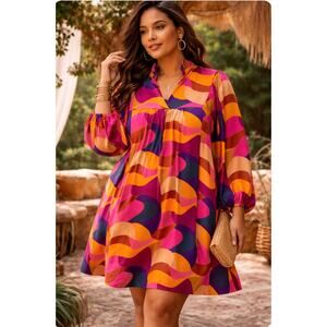 Adrienne Multicolor Abstract Retro Swing Dress 1X Long Sleeve Empire Waist Boho